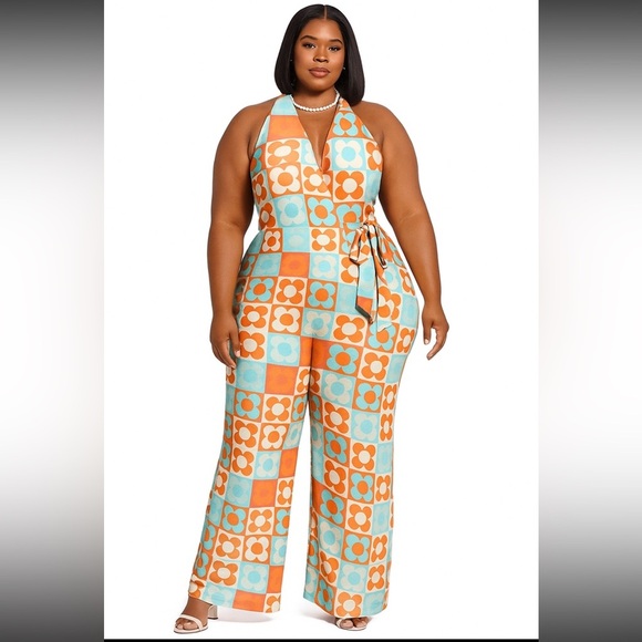 NWT Retro Stage 60s Inspired HALTER COLORBLOCK FLORAL SLEEVELESS JUMPSUIT sz 2XL - Picture 1 of 15